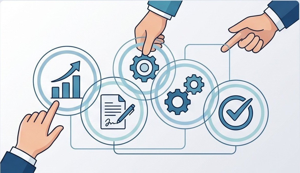 Business systems dashboard — connected processes and metrics for an SME, System Builder Hub